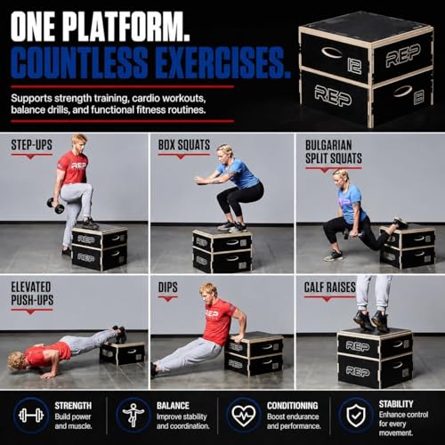 Wooden Plyo Box - Stackable Jump Platform for Home Gym - 4, 6.8, 12 Inch