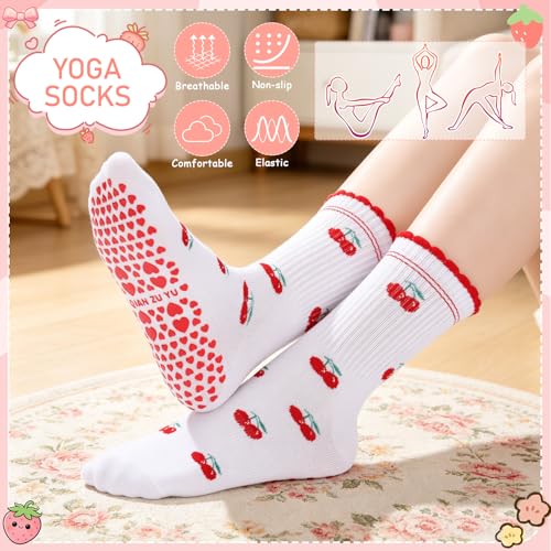 3 Pairs Cute Pilates Grip Socks for Women - Heart, Bow & Cherry