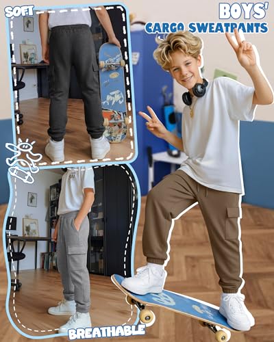 4 Pack Boys Cargo Jogger Pants Youth Sweatpants - YooAurvox, Light Gray/Khaki/Dark Gray/Black, X-Large