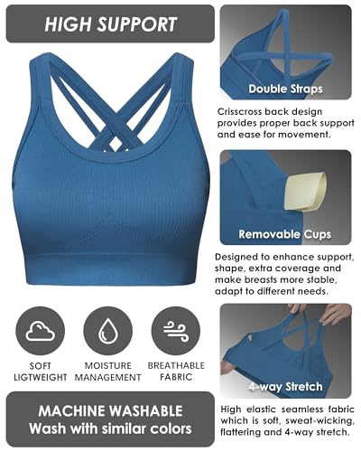 Nikuja High-Impact Sports Bra for Women - Criss-Cross Back, Padded Strappy, Black+White+Blue, Medium