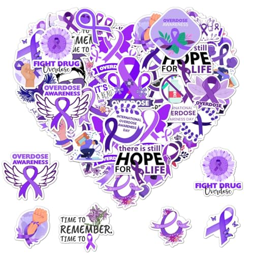 50 Pack Pcs Overdose Awareness Ribbon Stickers for Water Bottles Waterproof Vinyl Laptop Motivational Inspirational Quotes Sticker Packs Bulk Adults Teens Aesthetic Small Decals