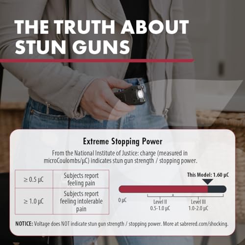 SABRE 2-in-1 Stun Gun and Flashlight and Belt Holster, Emits 1.60 Powerful Pain Inducing Microcoulombs (?C) Charge, 120 Lumen LED Flashlight, Rubberized Grip, Compact Design, Rechargeable