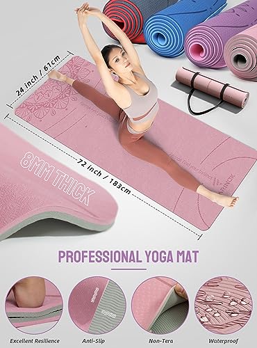 Thick Yoga Mat Set - 8mm High Density with Strap, Blocks & Bands - Purple & Pink