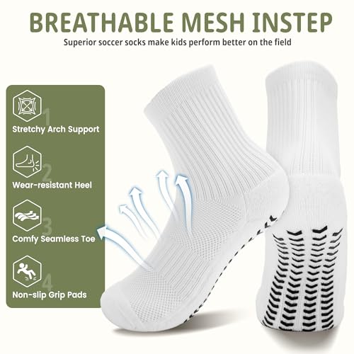 Kids Grip Soccer Socks - Cushioned Non-Slip Athletic - 2 Pairs Black+White