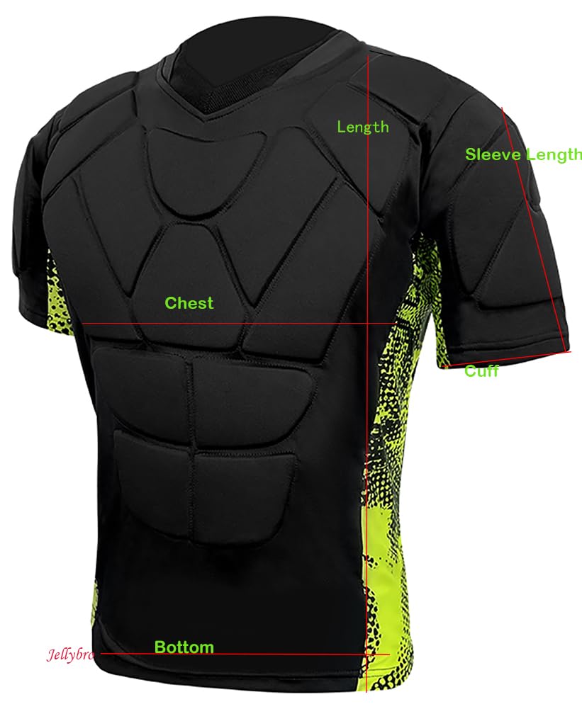 Jellybro Mens Padded Football Shirts 37-Pads Womens Protective Compression Shirt for Soccer Rugby Volleyball Ball (Black, Small)