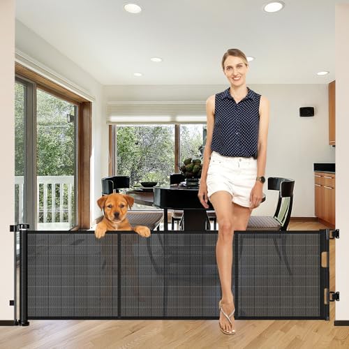 Reinforced 22 Inch Tall Retractable Dog Gate Step Over Pet Gate, 75" Wide Dog Gate for Stairs with Support Rods-Prevent Crawling Under, Indoor Short Pet Gate Puppy Gate Outdoor Retractable Gate/Black