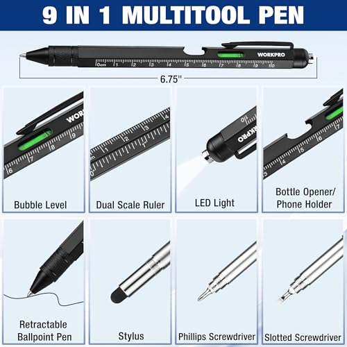 WORKPRO Multi-Function Pen Set with Screwdriver, LED Light & Stylus - 9-in-1 & 6-in-1 Tools, Gift for Men, Dad, Husband, DIY Gadgets