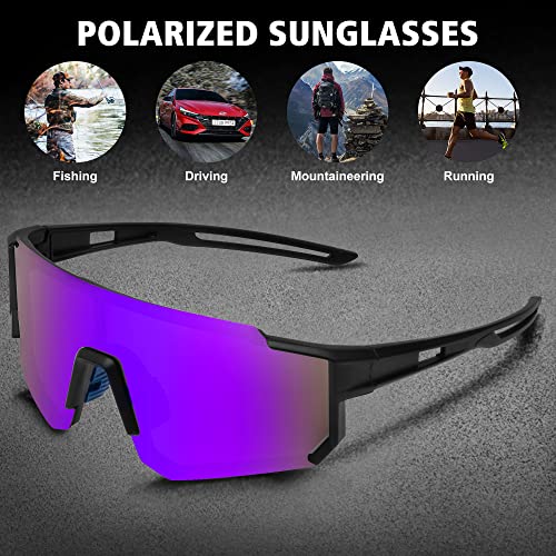 Polarized Sports Sunglasses - UV400 Protection, 3 Pack Matte Black/Gray, Ice Blue & Purple