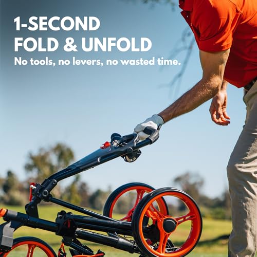 3-Wheel Golf Push Cart - 360° Swivel Wheel, One-Second Fold - White/Red