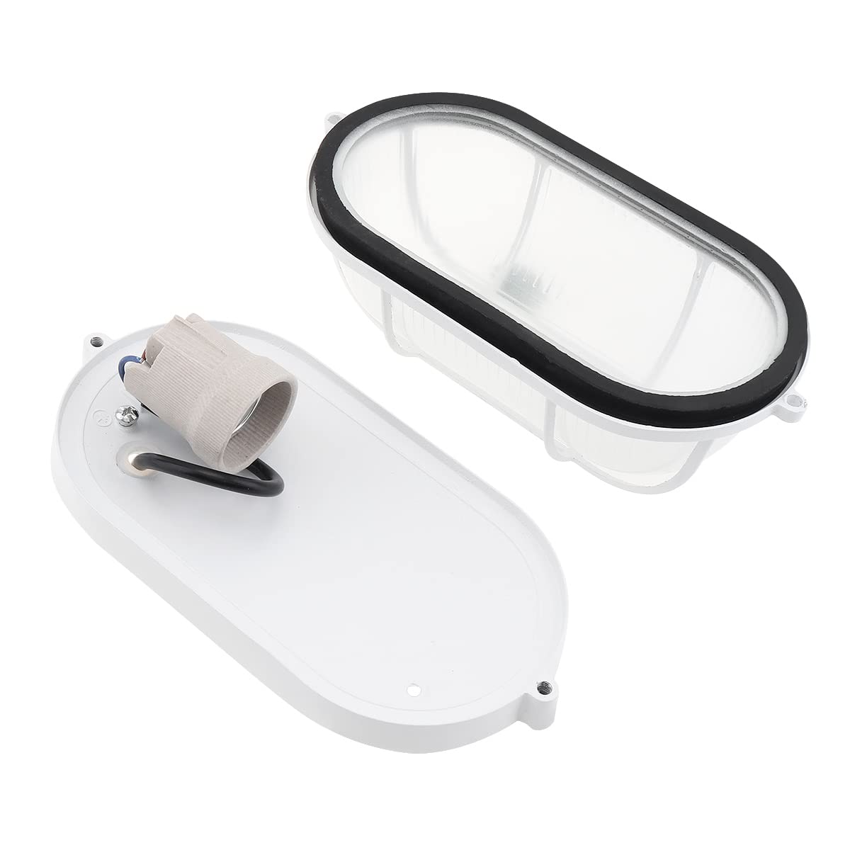 RTNLIT Nautical Bulkhead Light Fixture, White Outdoor Wall Light Fixture for Wall or Ceiling, Wet Location for Sauna Room, (Grid Oval, with Frosted Glass Lens, E26 Base)