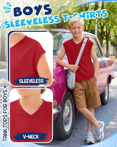 Boys V-Neck Tank Top - Lightweight Cap Sleeve Shirt - Red, 11-12 Years