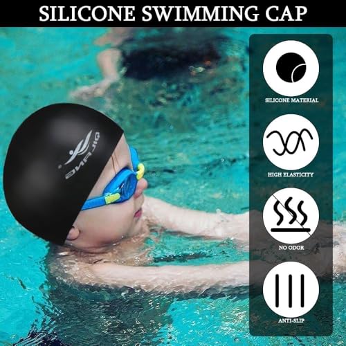 Kids Silicone Swim Caps - Waterproof 2 Pack, Blue & Black