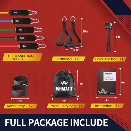 5-Level Resistance Bands Set with Handles - Natural Latex, 10-50 lbs