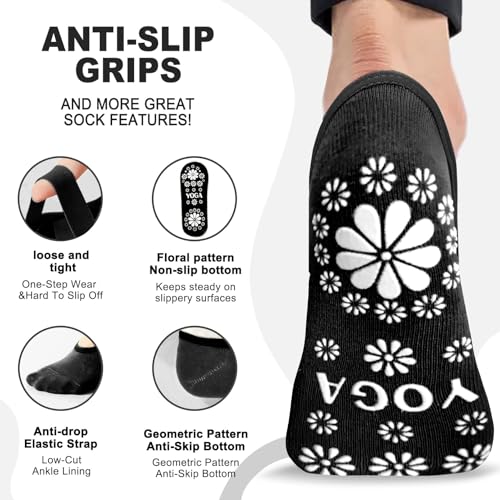 Non-Slip Pilates Yoga Socks for Women - 3 Pairs, Black+Blue+Grey, US 6.5-10