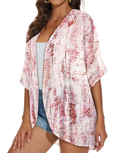 JILUVIN Women's Pink White Stripes Kimono Cardigan X-Large Beach Cover Up Summer Tops