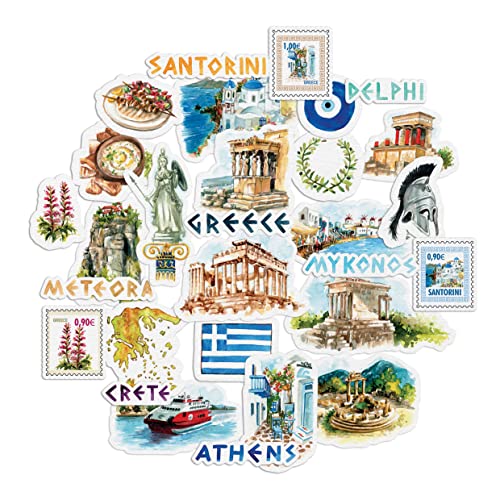 Navy Peony Greece Travel Stickers for Journals - Watercolor Waterproof Decals, 29 Pieces, Greek Landmarks & Culture - Travel Journal Edition