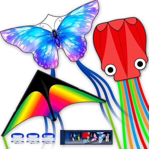 3-Piece Kite Set - Delta, Octopus & Butterfly Kites for Kids and Adults - Gradient Grassland Rainbow, Octopus Red, Blue Dreamy Butterfly