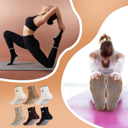 6 Pairs Women's Non-Slip Frilly Pilates Socks - White, Beige, Black & Brown