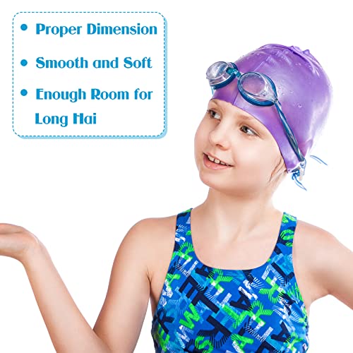 Kids Swim Cap Silicone Long Hair Waterproof for Girls Boys - Pink, Light Blue, Purple