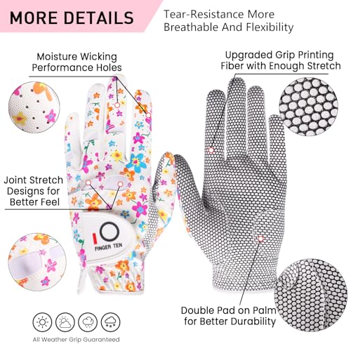 Finger Ten Women Golf Gloves - Left, Floral Pattern, Medium, Extra Grip