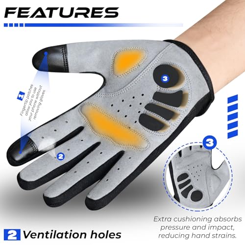 Cycling Gloves for Men - Full Finger MTB Gloves with Touchscreen - Black / Large