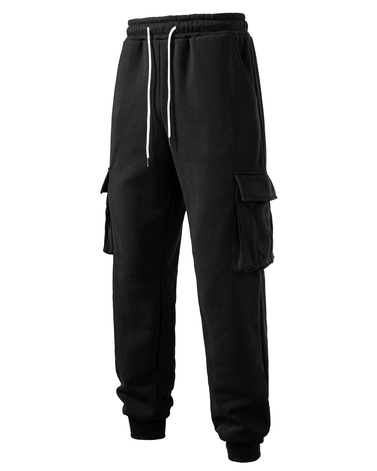 PIDOGYM Mens Fleece Cargo Sweatpants Heavyweight Tapered Joggers Athletic for Men Workout Running with Pockets Black
