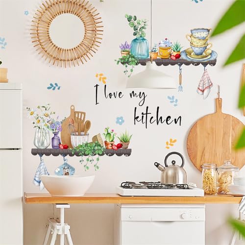 Bowl Kitchenware Utensil Shelf Wall Stickers, sacinora I Love My Kitchen Potted Flowers Wall Decals Removable Vinyl Peel and Stick for Kitchen Dining Restaurant Baking Room Bar Door Home Decor