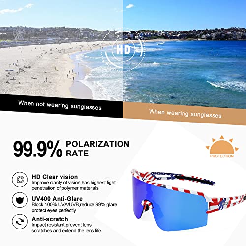 Polarized Sports Sunglasses with UV400 Protection - Flag & Blue Lens