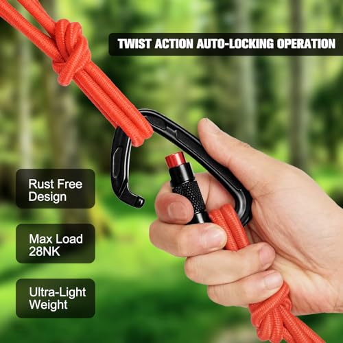 Heavy Duty Auto Locking Carabiner Clips - 28KN - Black & Red