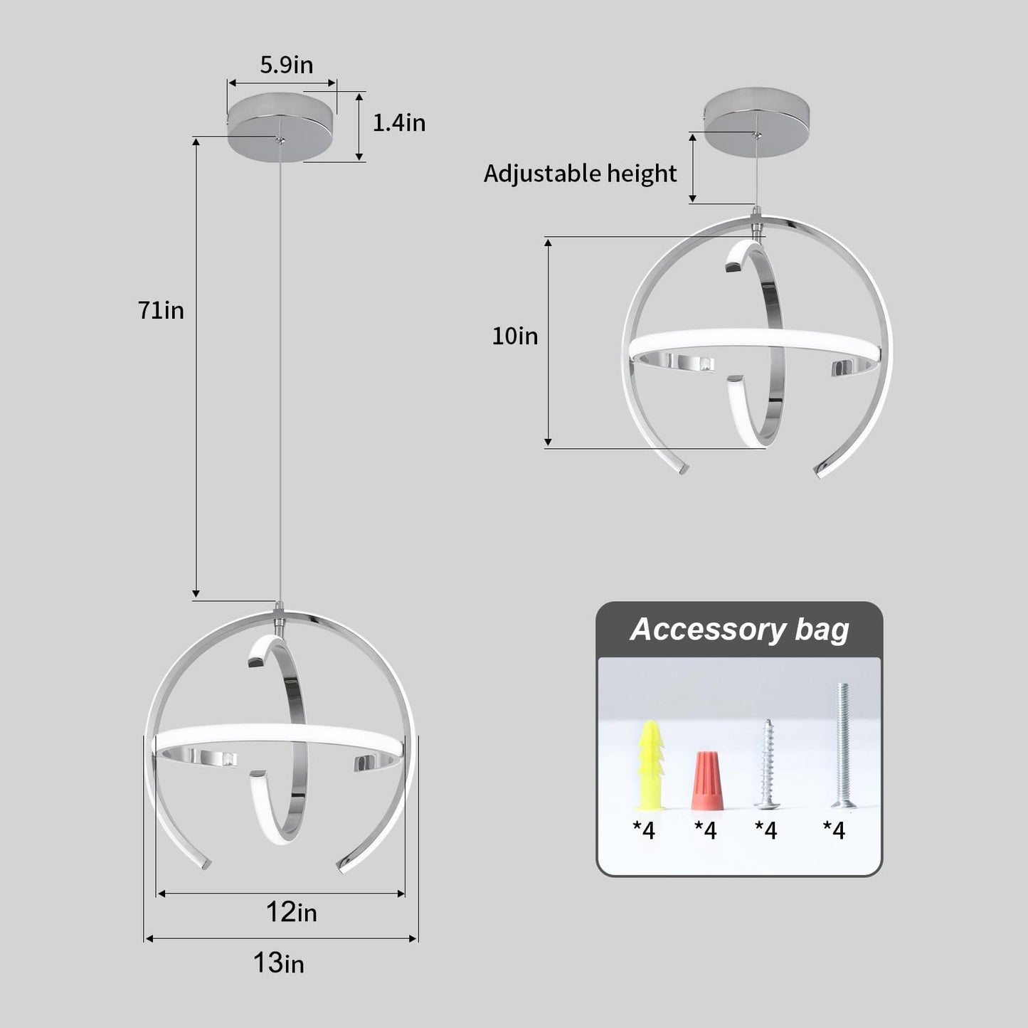 KELUOLY Chrome Modern LED Pendant Light, Silver Dimmable Metal Globe Chandelier, Hanging Ceiling Light Fixture for Room Dining Bedroom Living Room Kitchen Island Hallway Entryway Foyer 13 Inch