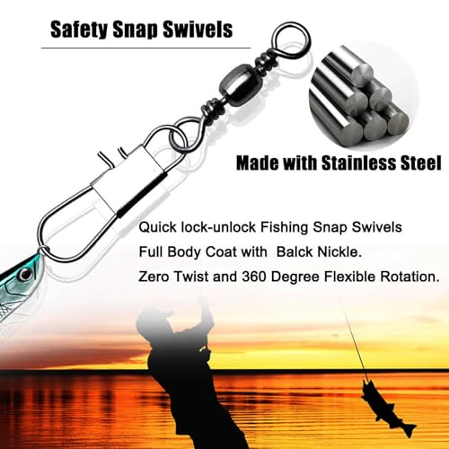 Stainless Steel Fishing Barrel Swivel with Safety Snap - 40LB, 50PCS