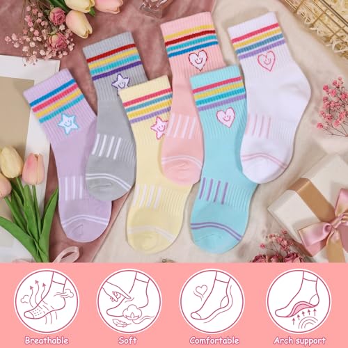 Girls Athletic Crew Socks - 6 Pairs for Ages 6-8 - Pink, Blue, Gray & More
