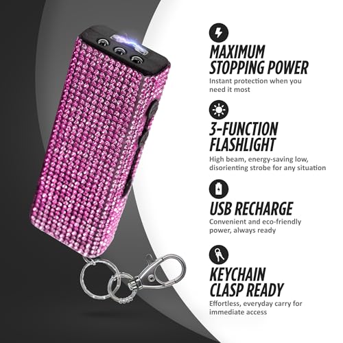 Guard Dog Security Mini Stun Gun Keychain Bling It On, Powerful Stun Gun for Women Self Defense with LED Flashlight, USB Rechargeable, Rhinestone and Compact Design