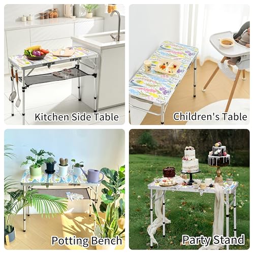 Yriuat 3ft Folding Camping Table with Floral Design, Adjustable Height Portable Picnic Table