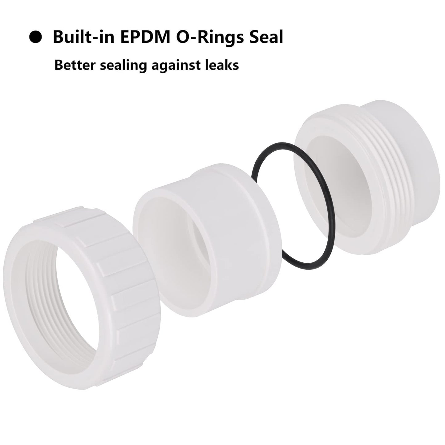 2 Pack 2" PVC Union Coupling Pipe Fitting (Socket x Socket) 2 Inch PVC Slip Union PVC Adapter Coupling Schedule 40, EPDM O-Ring, White