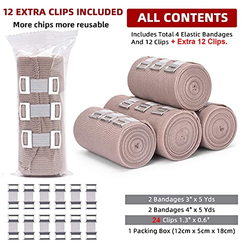 FRESINIDER Premium Elastic Bandage Wrap 4 Pack, 3 and Inch, 24 Clips