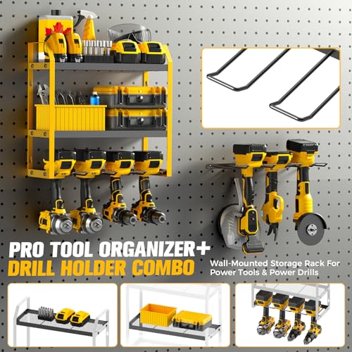 Power Tool Organizer Wall Mount with Extra Drill Holder, Yellow & Black Garage Storage Combo with Battery Storage, 4 Drill Slots Total, Heavy Duty Steel Tool Rack for Workshop Garage