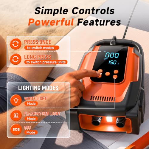 50 PSI Electric Paddle Board Pump - Auto-Off, 12V DC, Orange