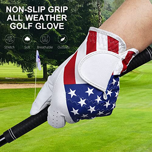 Golf Gloves – Left Hand for Right-Handed Men & Women, American Flag Pattern, GOLTERS Large