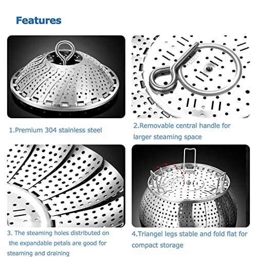 304 Stainless Steel Vegetable Steamer Basket Expandable for 6.4-10.2 Inch Pots with Tongs