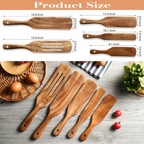 QWKIT 5Pcs Natural Teak Wood Spurtle Set - Nonstick Kitchen Utensils for Cooking