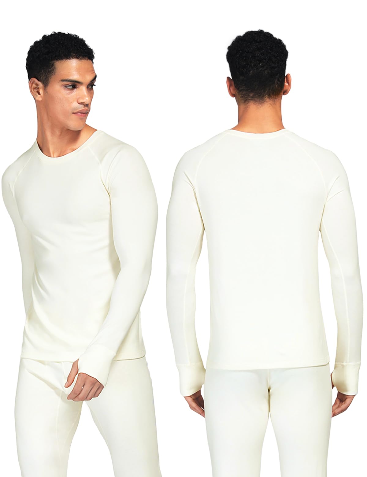 gagli Men's Thermal Underwear Tops Fleece Lined Long Sleeve Thermal Shirts Soft Warm Base Layer for Cold Weather, Crewneck, Lightweight Running Undershirt Cream White