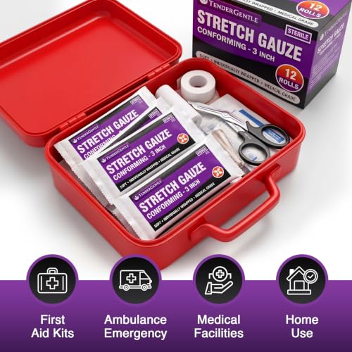 TenderGentle 12 Pack 3-Inch Sterile Conforming Stretch Gauze Rolls for Wounds