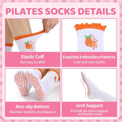 Non-Slip Pilates Grip Socks for Women - 6-Pair Set - Fruit & Ruffles