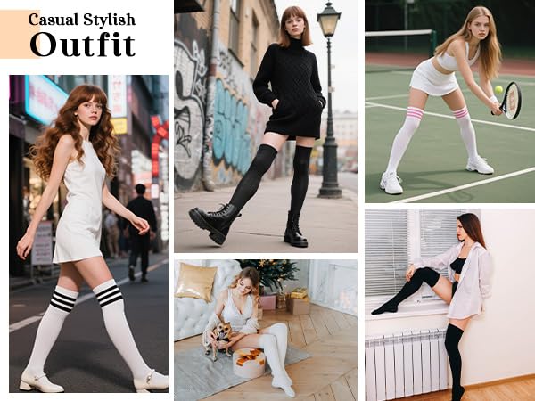 Thigh High Socks for Women - Striped Over Knee High Stockings - Pure White