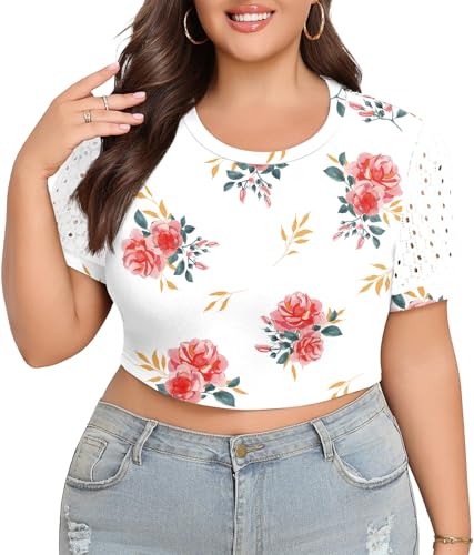 Plus Size Lace Crop Top - Women's Summer Short Sleeve Athletic Tee - Roses White