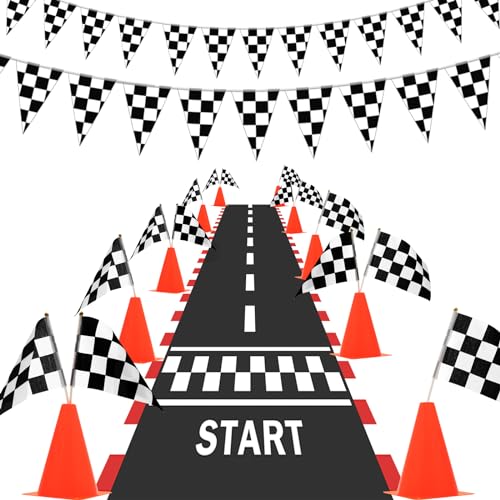 38-Piece Racing Cones and Flags Set - Mini Traffic Cones, Checkered Flags, Racetrack Mat