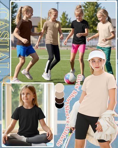 Girls' Athletic Shirts - 4 Pack, Light Khaki/Khaki/Brown/Black, 9-10 Years