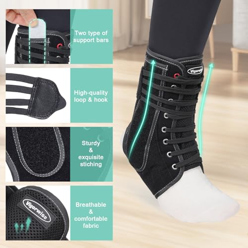 Vigorwise Black Medium Ankle Brace with Metal & Plastic Side Stabilizers, Quick Lacing Support