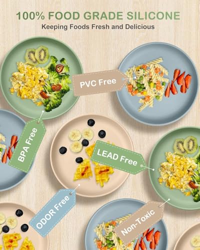 Baby Silicone Suction Plates 3-Pack 7.1 inch, Qyeejong Toddler Dishes – Cappuccino, Moonlit Ocean, Sage Green